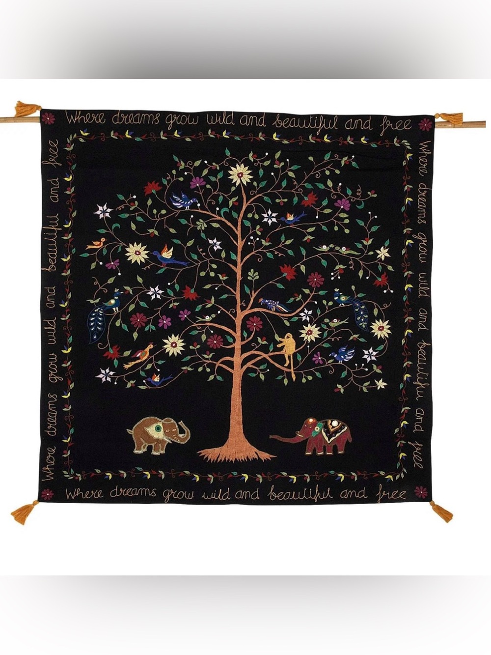 Ten Thousand Black Tree of Life Tapestry with Colorful Embroidery